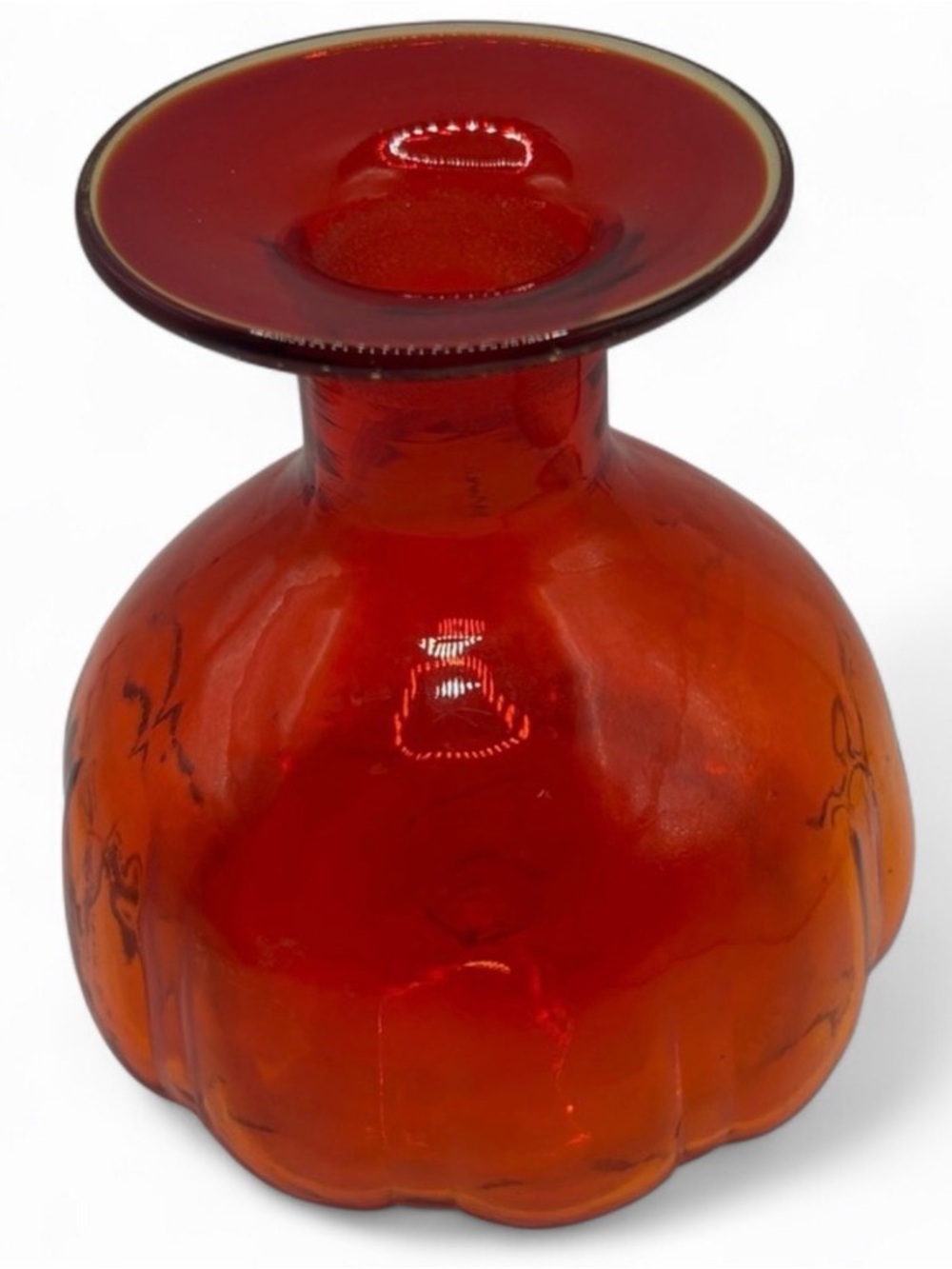 Vintage Mid Century Modern Handblown Red Orange Art Glass Bottle Vase Vessel